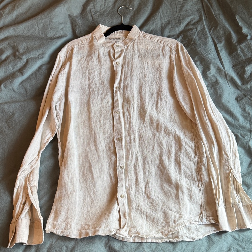 Gutteridge Men's Cream Linen Band Collar Button-Up Shirt